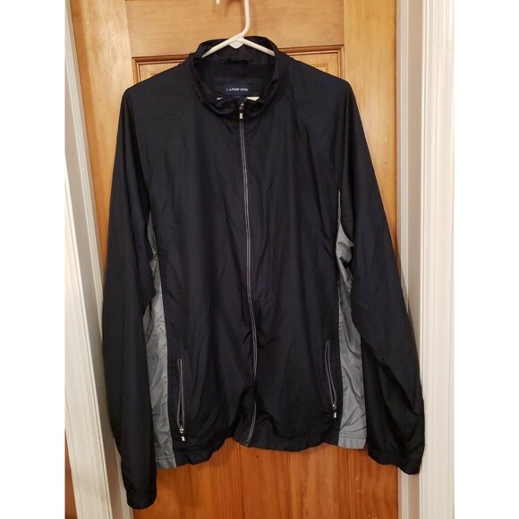 Lands' End Men's Jacket XL/T 46-48 Black Grey Full Zip Lightweight Packable - Picture 2 of 7